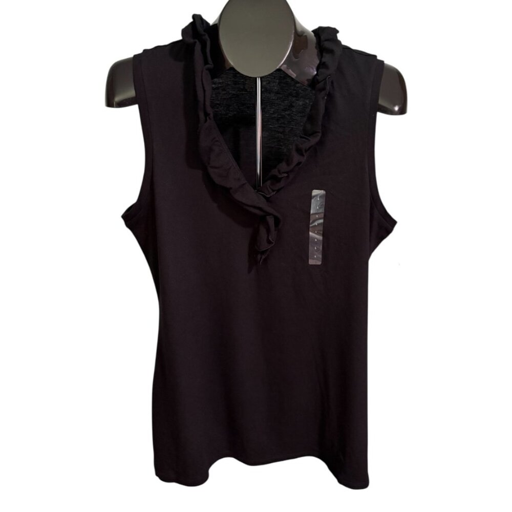 GAP Black Ruffled Neckline Top L Sleeveless V-Neck NWT